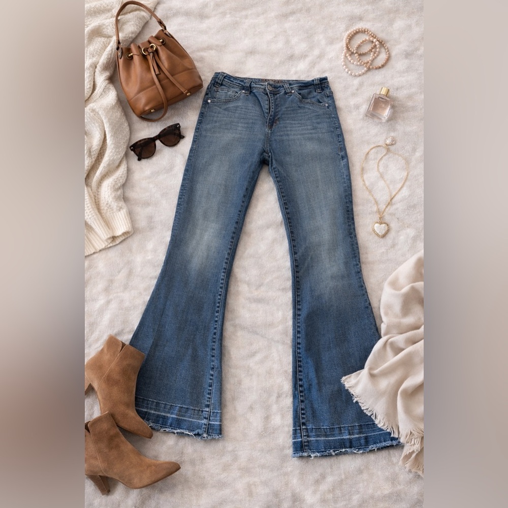Rock & Roll Denim High Rise Flare Jeans Raw Hem Size 31x34